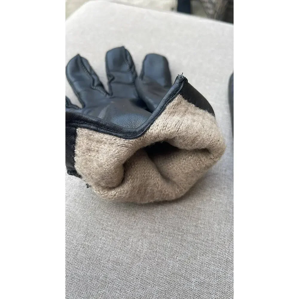 Vintage black leather wide finger sherpa lined gloves size large